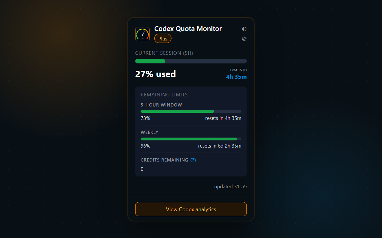 Codex Quota Monitor popup in dark theme