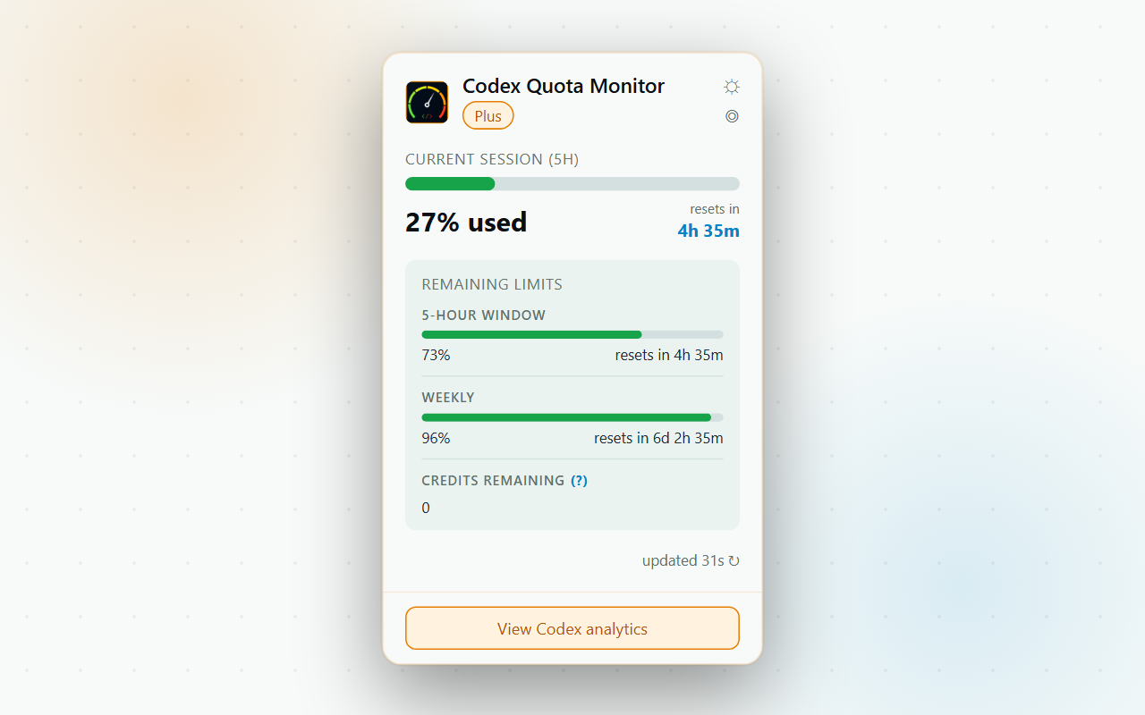 Codex Quota Monitor popup in light theme